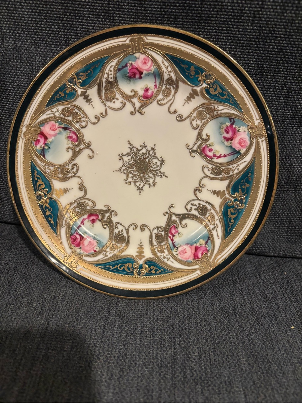 Antique C.1891 Noritake Maple Leaf Nippon Roses Plate with Gilding & Gold Jewels